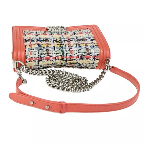 CHANEL CC Logo Boy Chain Shoulder Bag Tweed Leather Orange SHW France 332RK838 - Picture 12 of 16